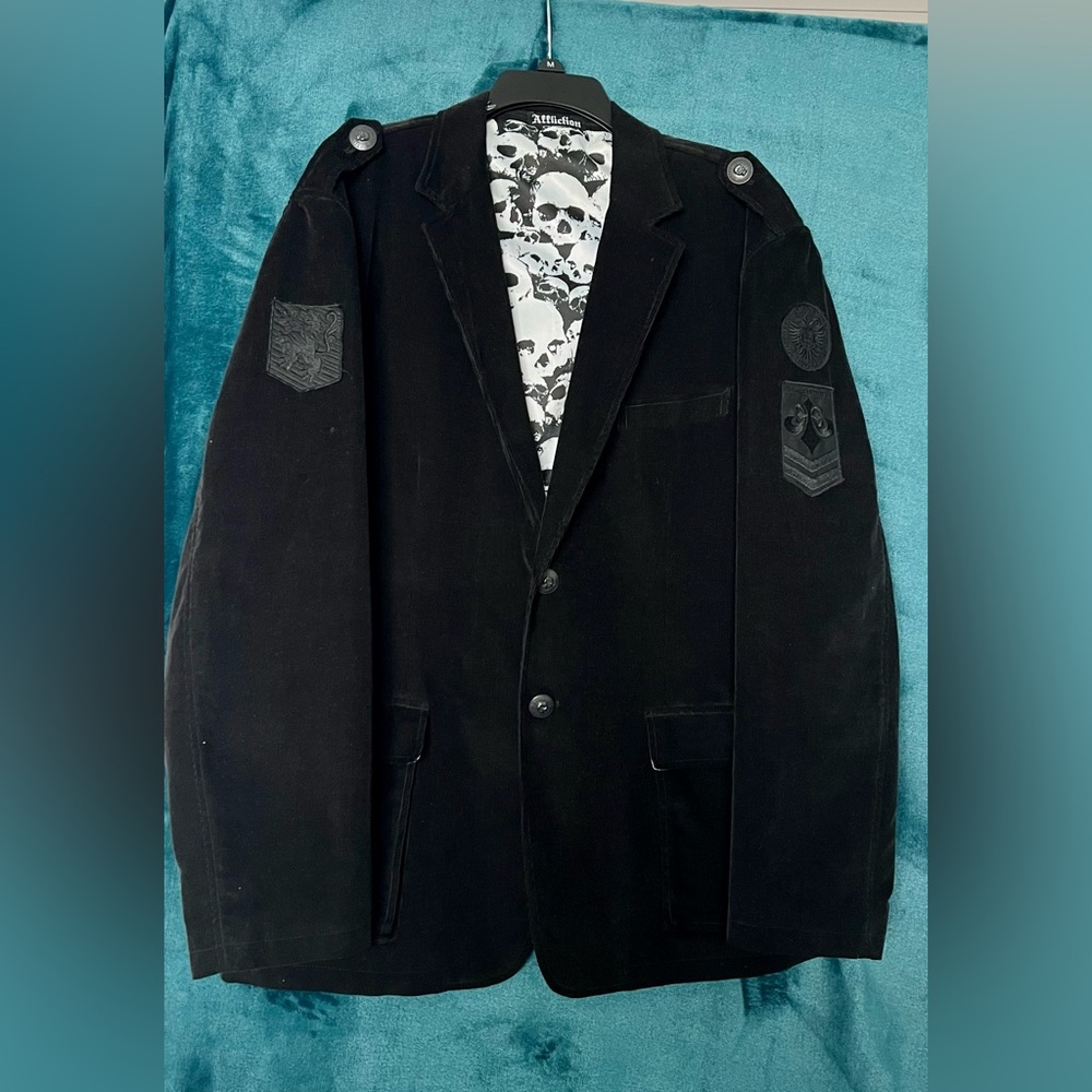 Affliction Men’s Black Corduroy Sport Coat/Jacket - Skull Embroidered (Size XL)